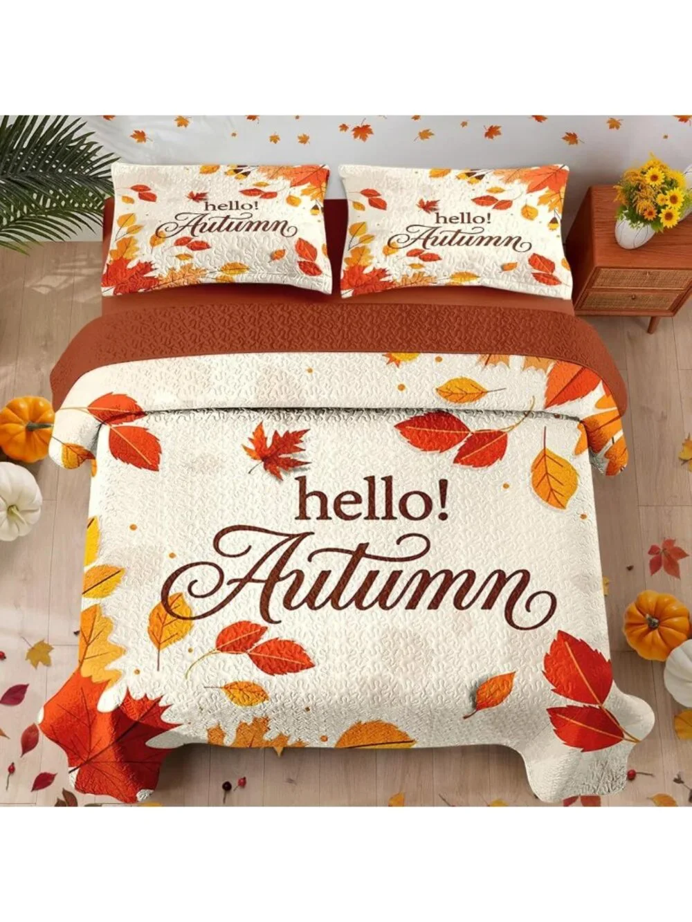 Cozy King Fall Quilt Set - 3 Piece Autumn Leaves Bedding & Bedspread